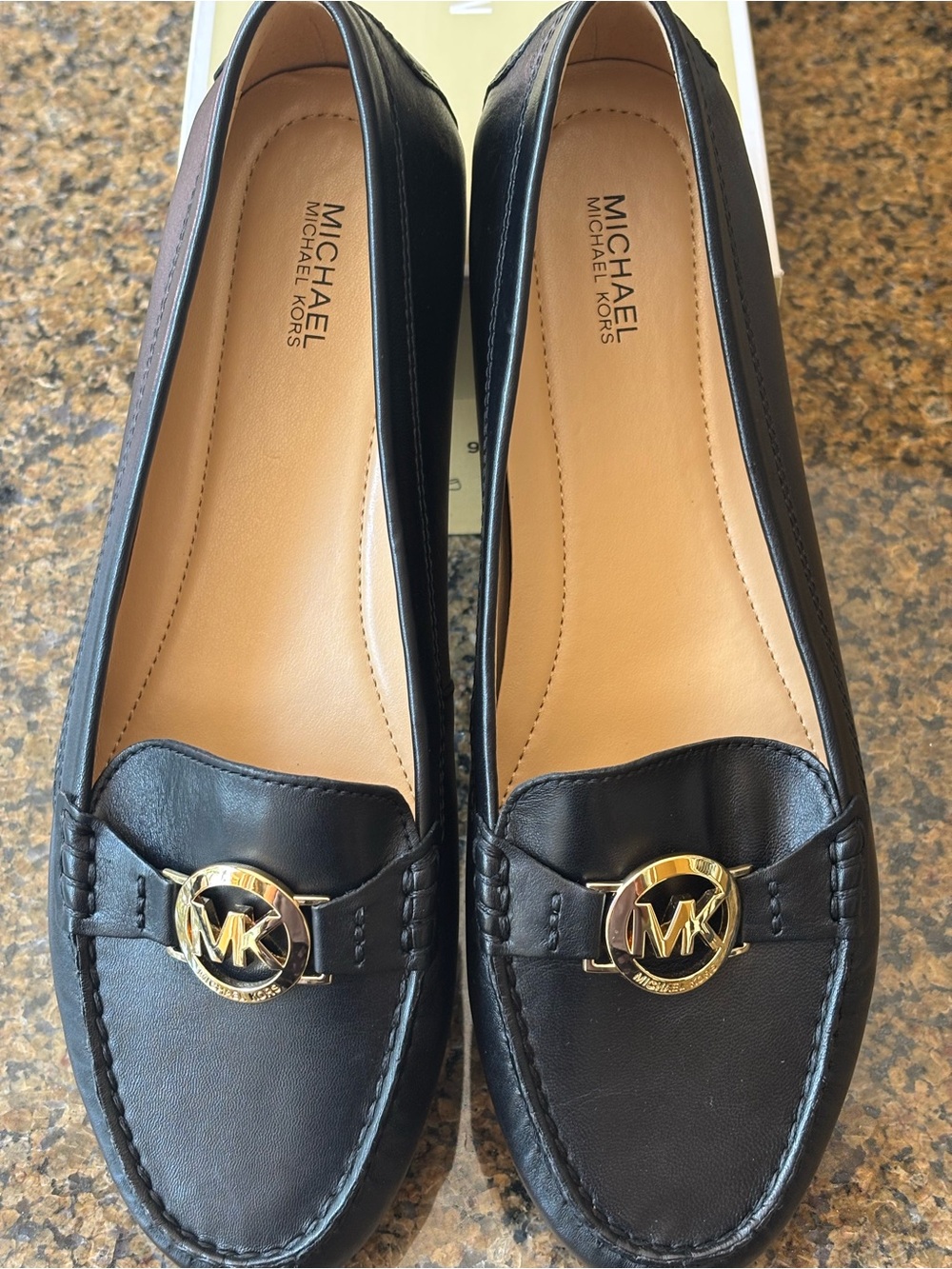 Michael Kors Black Leather Loafers with Gold MK Emblem
